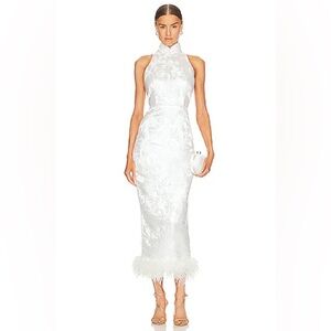 Sau Lee Jillian Dress in White with Feathers, Size 8